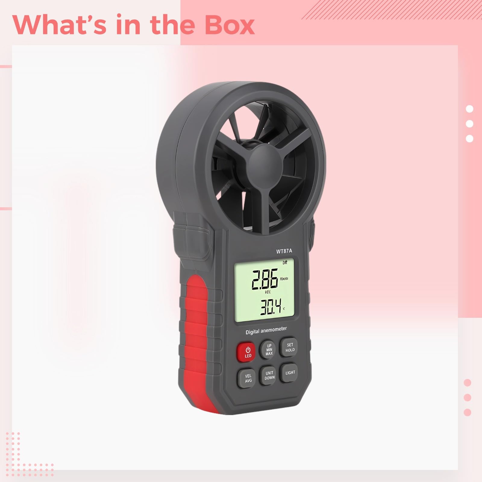 WT87A - Medidor digital de velocidad del viento, anemómetro de mano de alta precisión, lecturas máximas, mín./promedio, LCD retroiluminado, pantalla de temperatura del viento multiunidad, 7.1