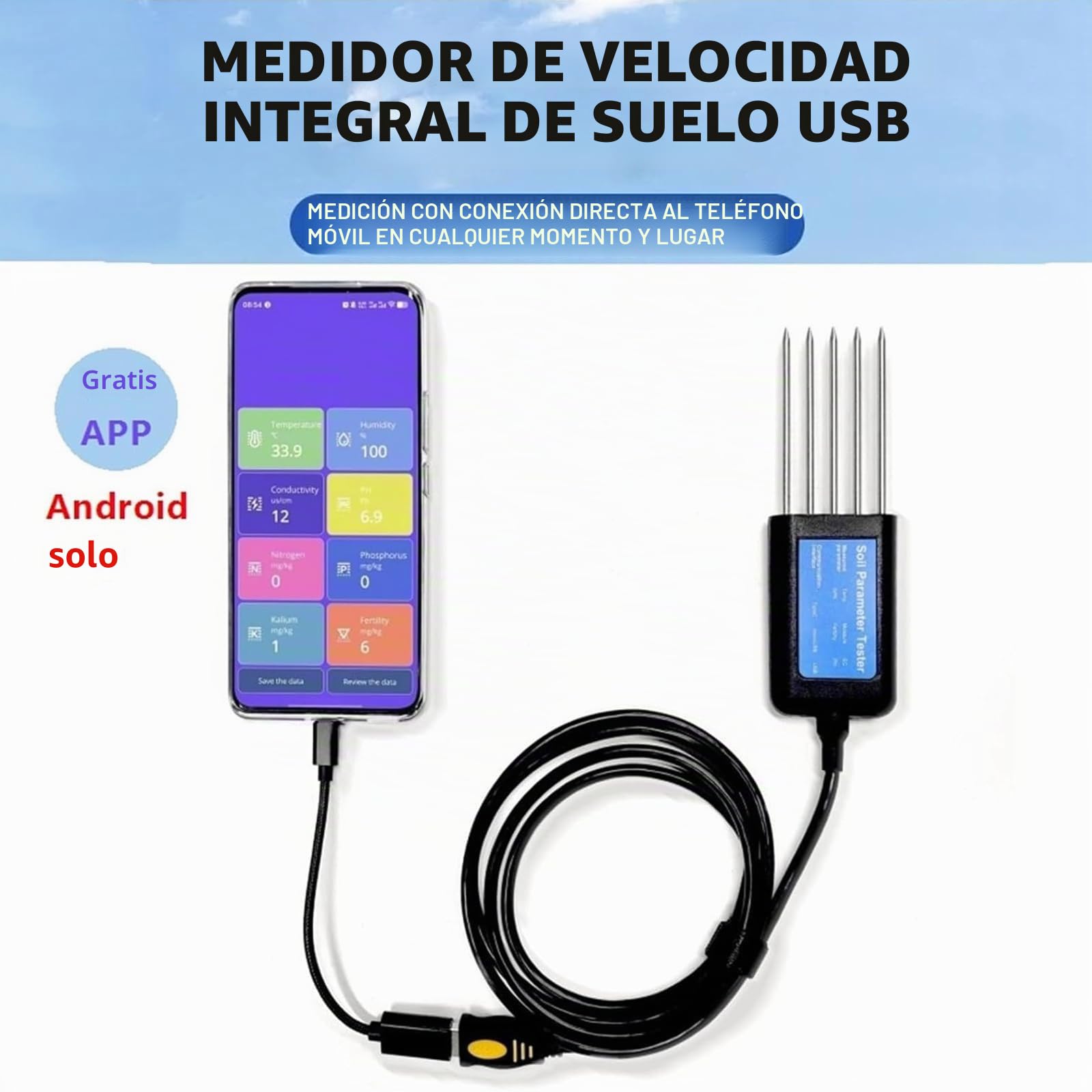Analizador De Suelos, Medidor Digital Usb Para Análisis De Suelos, Medidor De Nitrógeno, Fósforo, Potasio, Npk, Ph, Humedad, Ec Para Aplicación Android, Prueba De Fertilidad Del Suelo Para Jardín