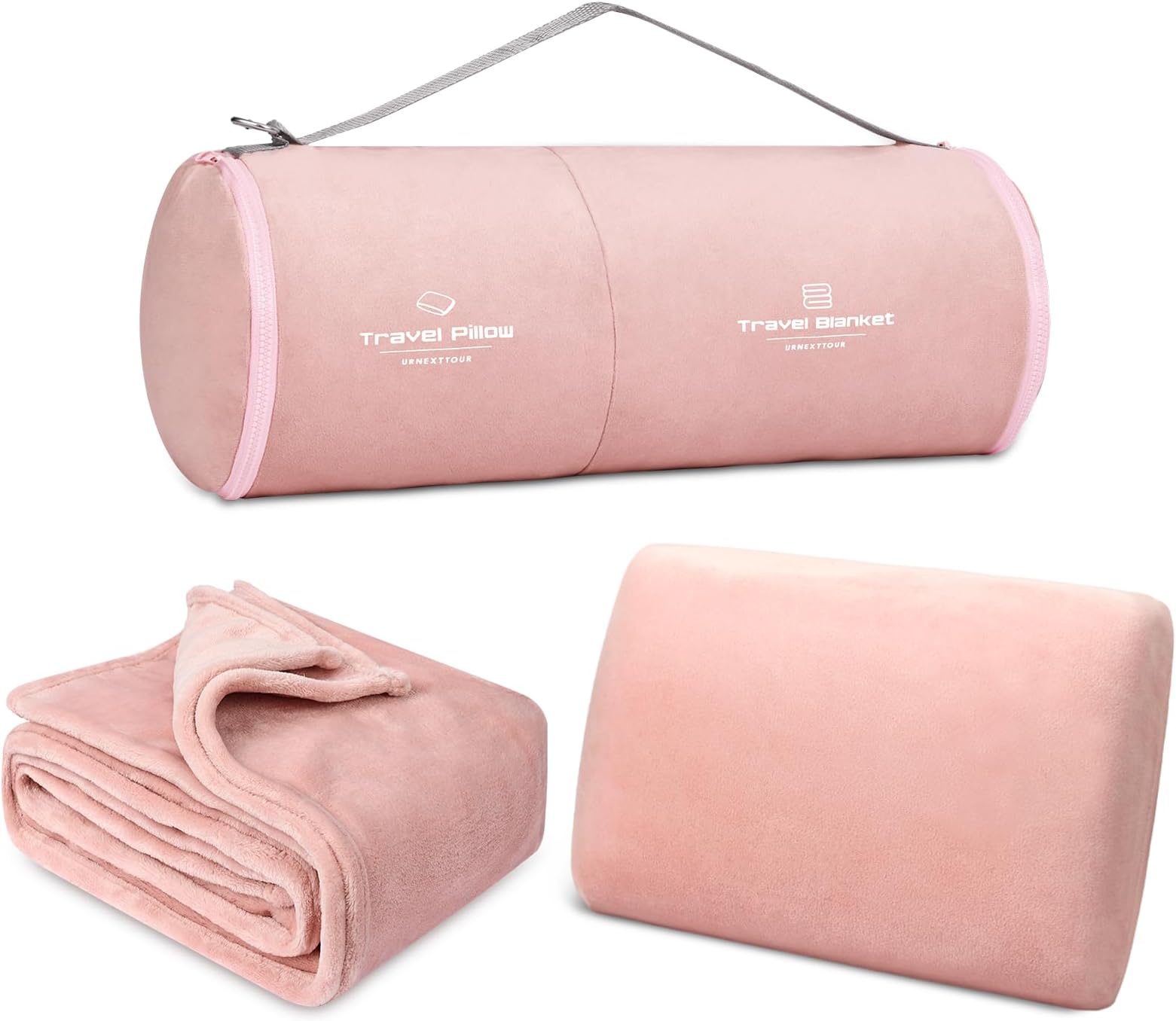 Travel Pillow and Blanket Set, Premium Soft Airplane Blanket, Mini Pillow with Packable Luggage Belt, Travel Kit for Sleeping Airplane, Car, Camping (Pink/Rectangle)