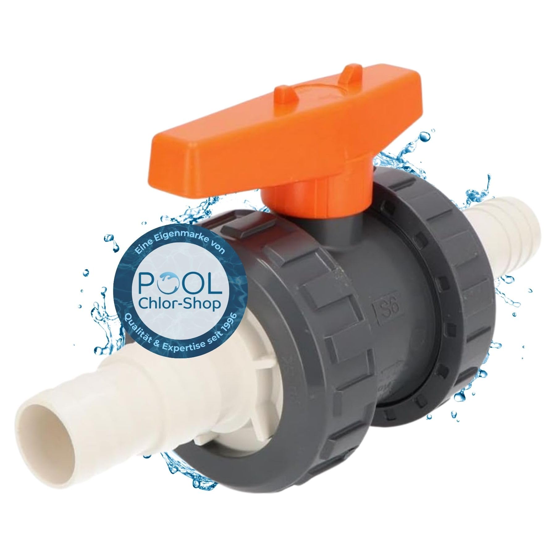 2-Wege Pool Kugelhahn mit beidseitigem Schlauchanschluss | Drehschieber für Schlauch 32 / 38mm | Absperrhahn für Pool | PVC Klebe-Fitting I Hochwertiges Pool Zubehör