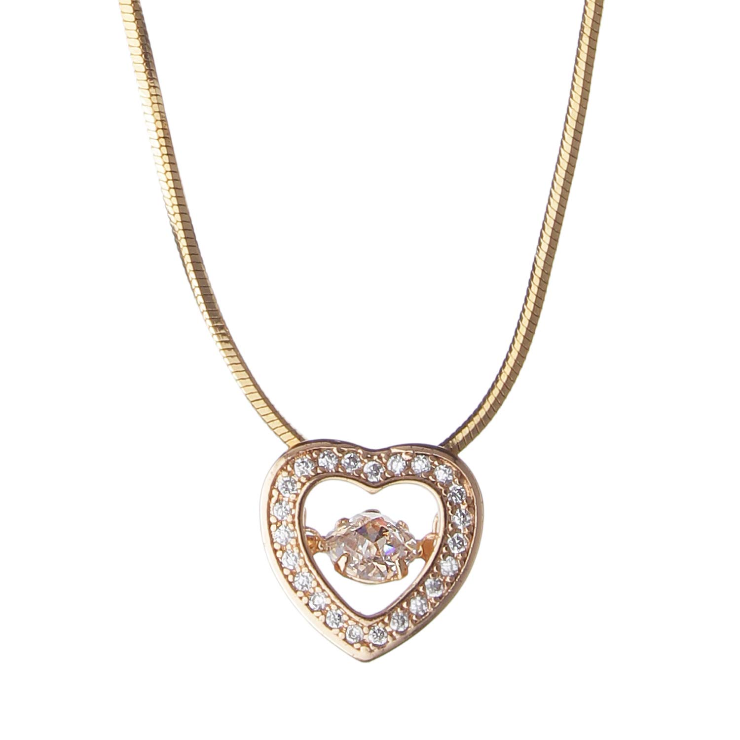 Heart Beat Collection with Dancing Diamond Concept 18K Gold Plated American Diamond CZ Italian Stylish Heart Locket Pendant Snake Chain Set for Girls Women Party Daily Office Wear Fashion Jewellery Gift