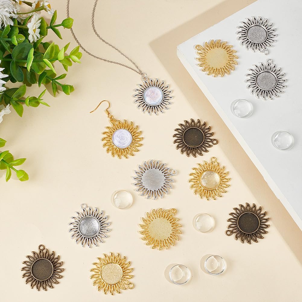 36 Pcs Sun Charms Pendants Trays Cabochon 3 Colors Craft Supplies Vintage Celestial Round Blank Bezel for DIY Necklace Bracelet Earring Chain Jewelry Decoration