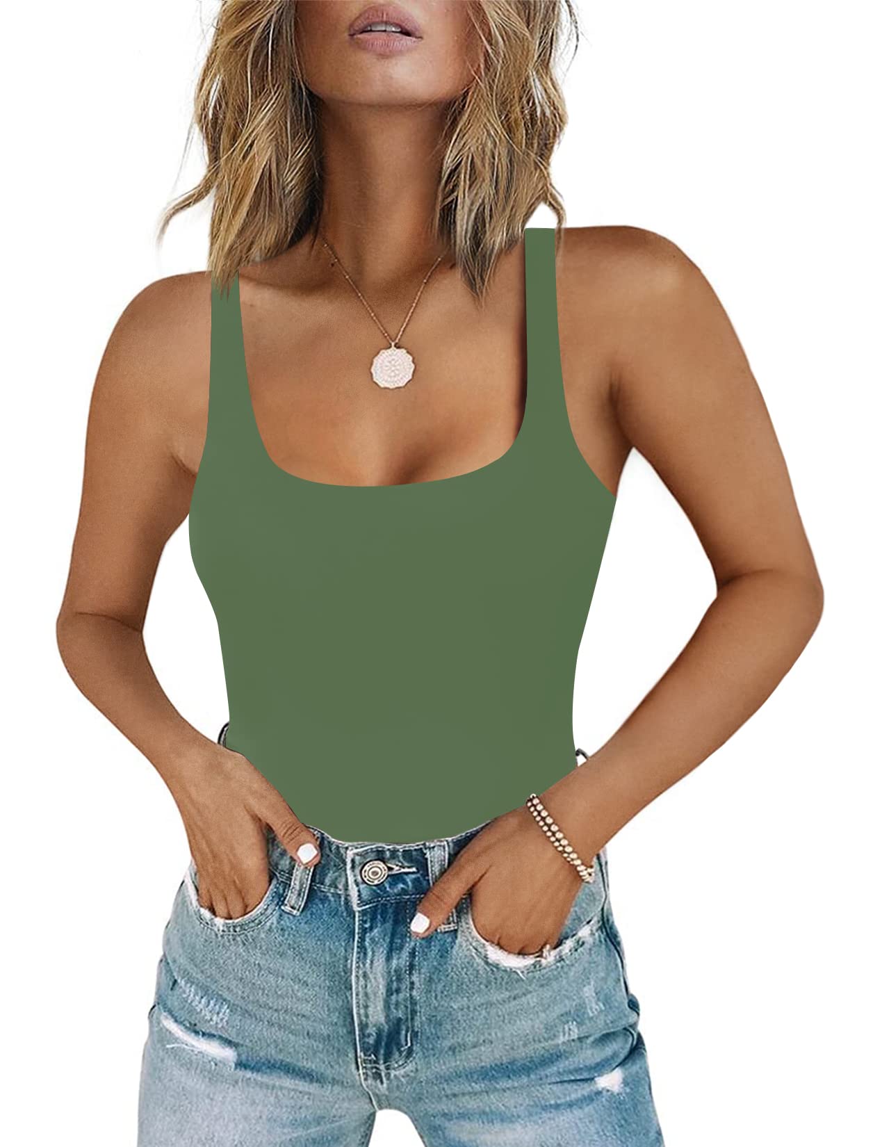 Photo 1 of Chunpin Women's Sleeveless Square Neck Tank Bodysuit Outfits Tops Thong Body Suits for Going Out Olive Green L