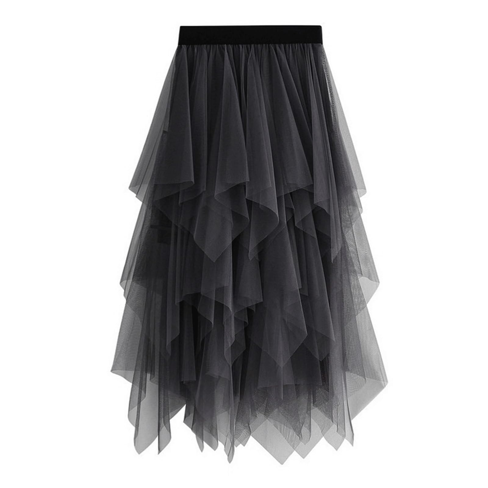 DUddTTW Irregular Women's Midi Skirt Mesh Midi Length Flowy Skirt Elastic Waisted Swing Skirt Slimming Maxi Skirts Ankle Length Skirts(Gris)