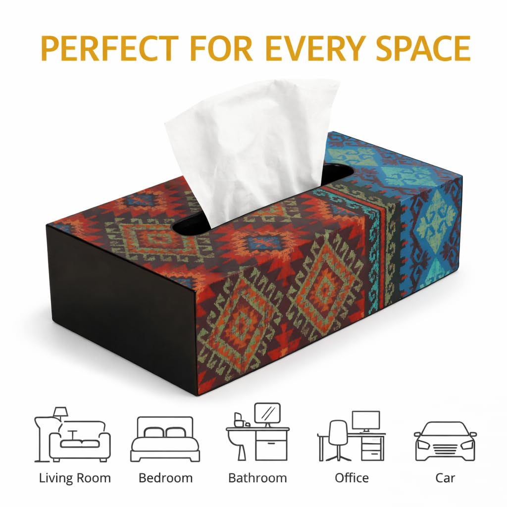 Reinvention Factory Designer Wooden Tissue Box Holder – Kilim Print | Decorative Tissue Paper Box & Napkin Holder for Dining Table, Living Room, Car & Office | Sliding Lid Tissue Box Cover (9 x 5 in) 2