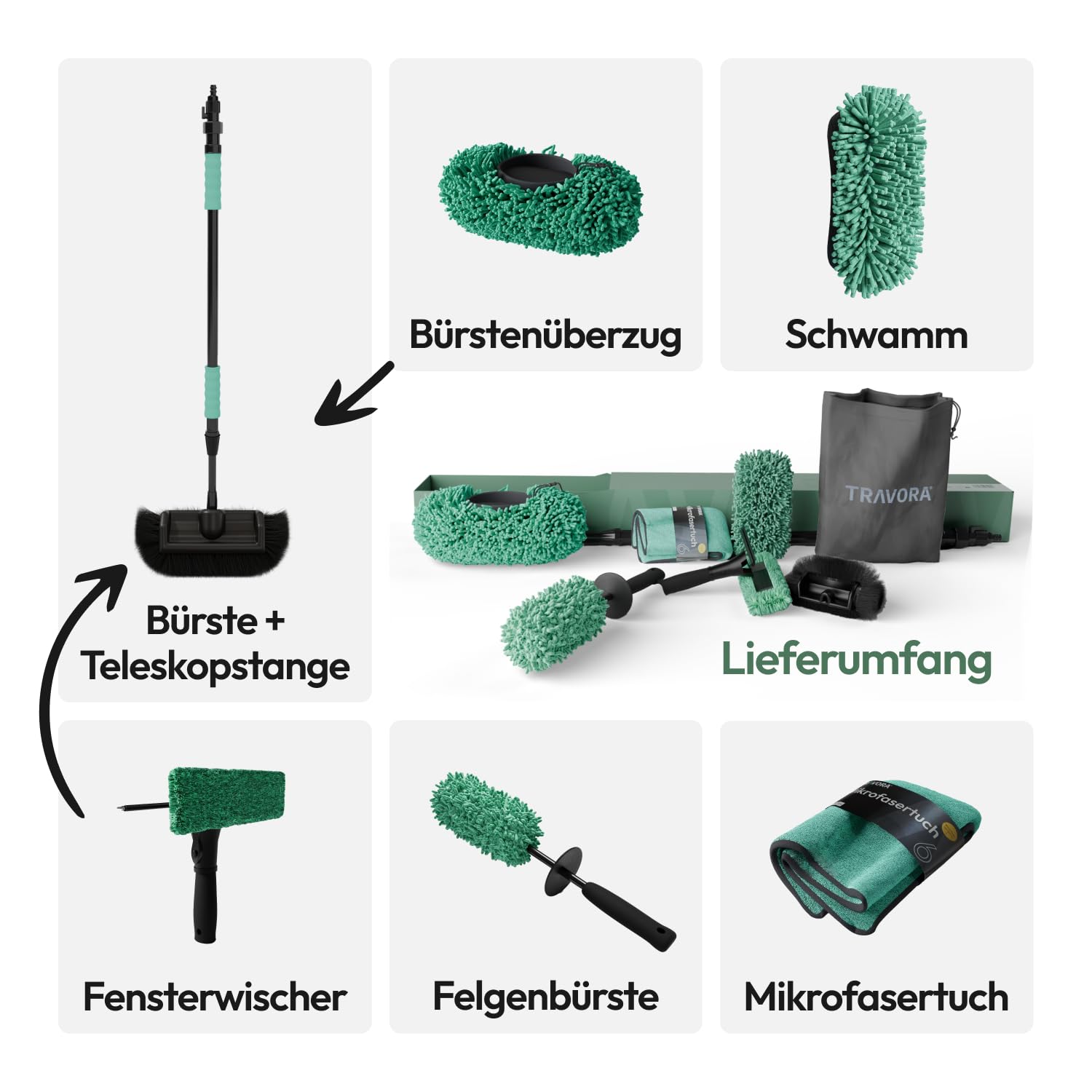 Premium Camper & Auto Reinigungsset - 7-teiliges Caravan- und Autopflege Set für außen inkl. Teleskopbürste, Waschbürstenüberzug, Felgenbürste, Schwamm, Microfasertuch, Wischer & Tasche