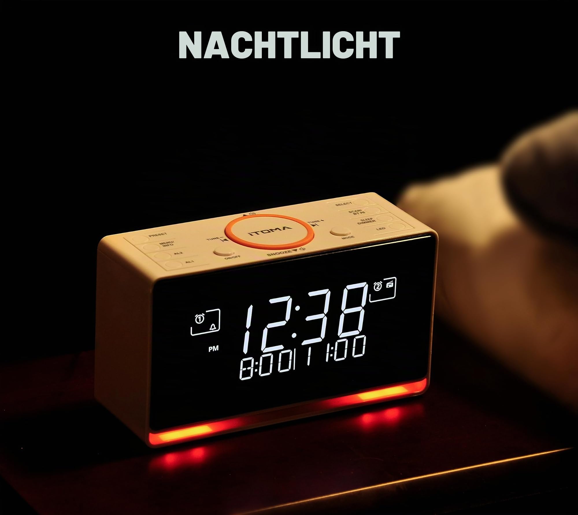 iTOMA DAB+ Digital Radiowecker, 40 Presets, Dual Alarm mit Snooze, Bluetooth Dimmer Steuerung, USB Ladegerät und Kopfhörer Jack 728