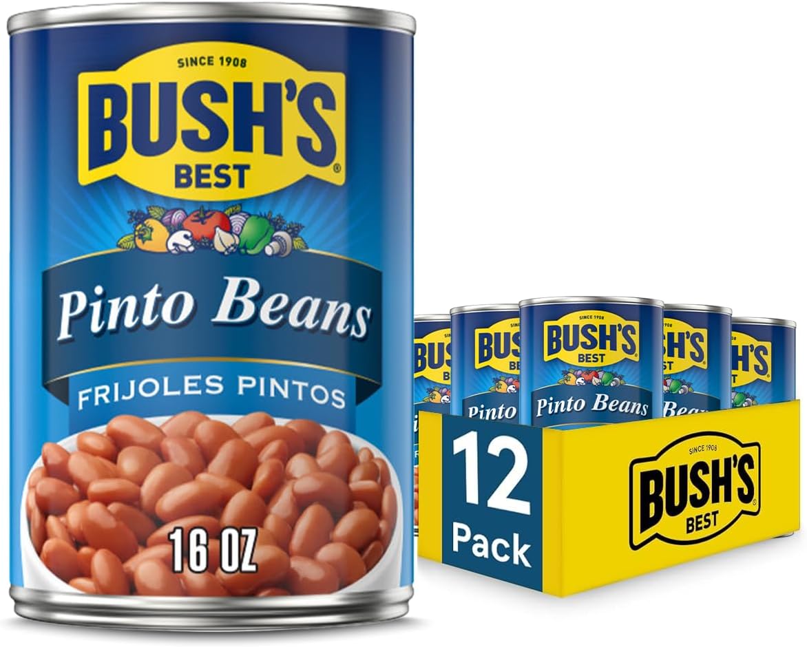 BUSH'S BEST 16 oz Canned Pinto Beans, Source of Plant Based Protein and Fiber, Low Fat, Gluten Free, Great For Soups, Salads and More, (Pack of 12)