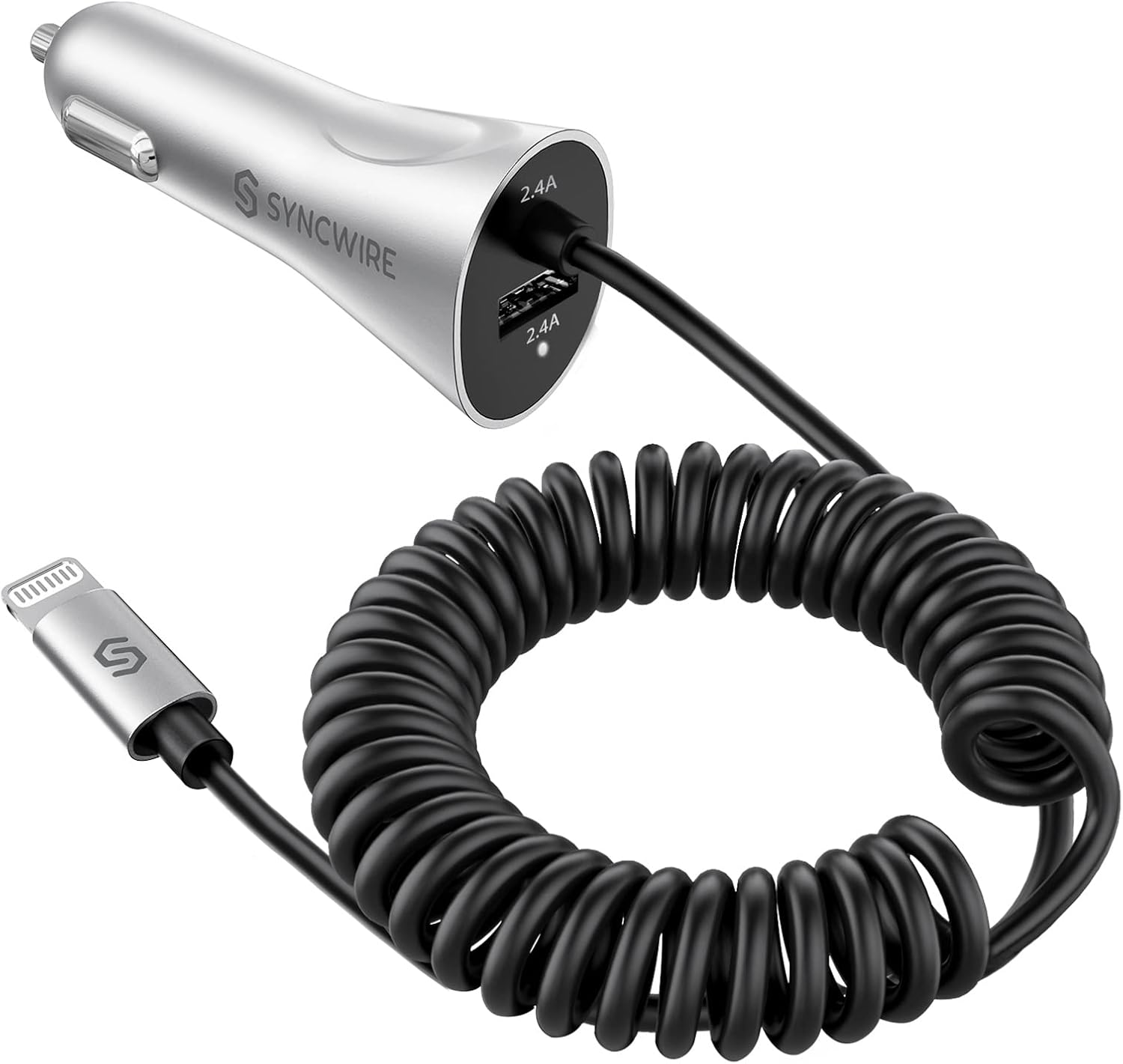 [Apple MFI Certified] Syncwire iPhone Car Charger 4.8A/24W Upgrade Car Charging Adapter with Built-in Coiled Lightning Cable for Apple iPhone 14/13/12/11/Xs/XS Max/XR/X/8/7/6s/6 Plus, iPad & More