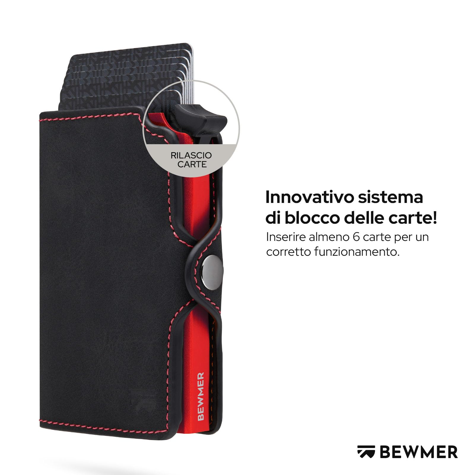 BEWMER Porta Carte di Credito 1 ZIP Schermato | Portafoglio Slim da Uomo e Donna | Porta Tessere e Documenti con Rfid Protection e Fermasoldi in Carbon Fiber (Nero e Rosso con Zip)