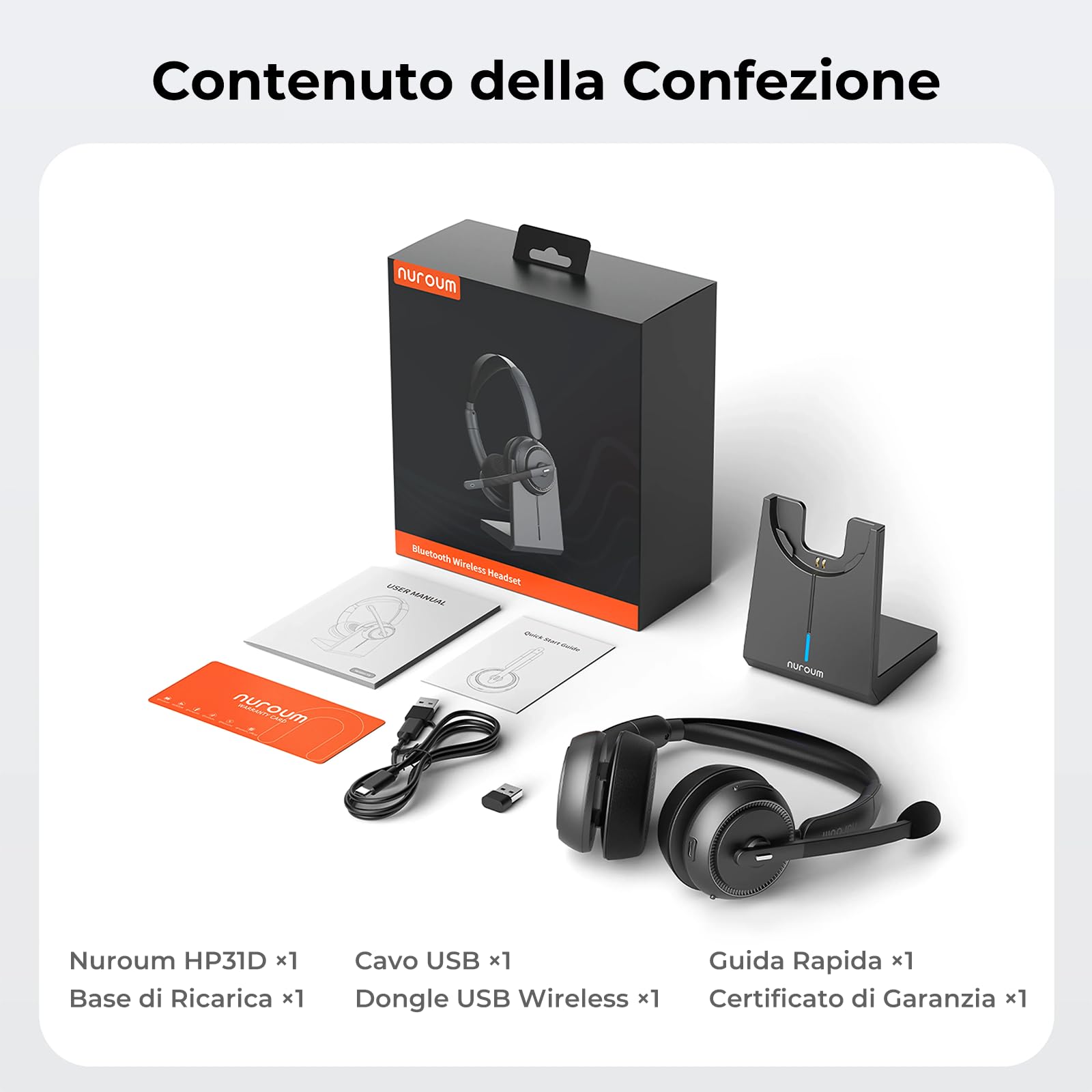 Nuroum HP31D 2026 Cuffie con Microfono Bluetooth per PC, Cuffie Wireless ENC a Cancellazione di Rumore, Stazione di Ricarica,Dongle/USB-A&C/Bluetooth 5.4,45H Lavoro per Lavoro/Chiamate/Telefoniche