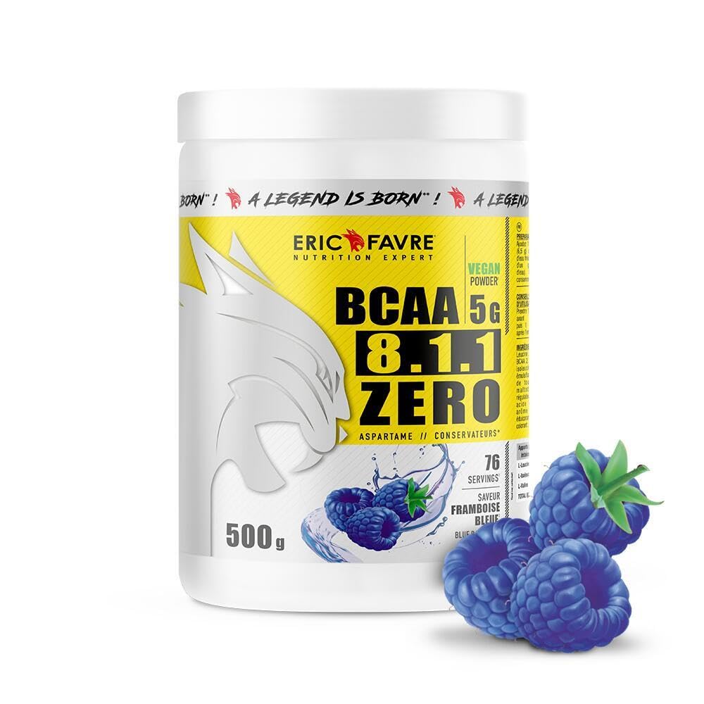 BCAA POUDRE 8.1.1 Zero - Acides Aminés Musculation Vegan - Votre Allié Pour Des Entraînements Efficaces - Performance Accentuée - 500g - Saveur Blue Raspberry - Eric Favre