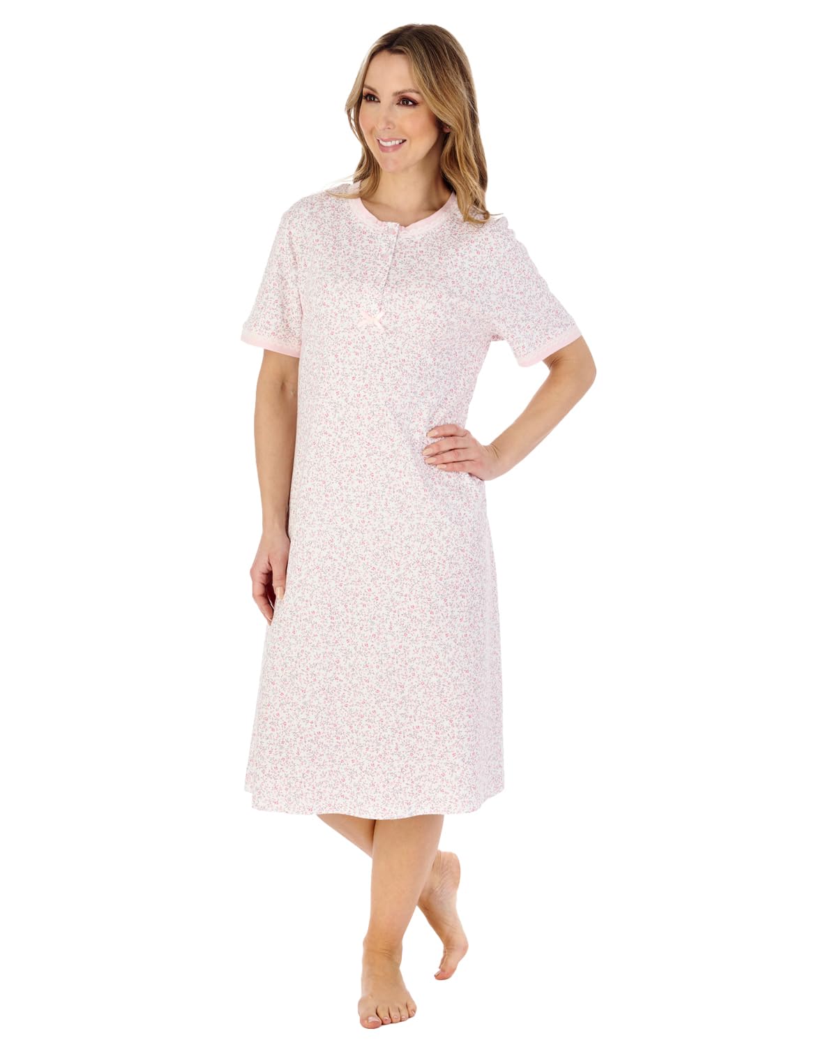 Slenderella Forget Me Not Short Sleeve Cotton Interlock 42 Inch Nightdress (20/22, pink)