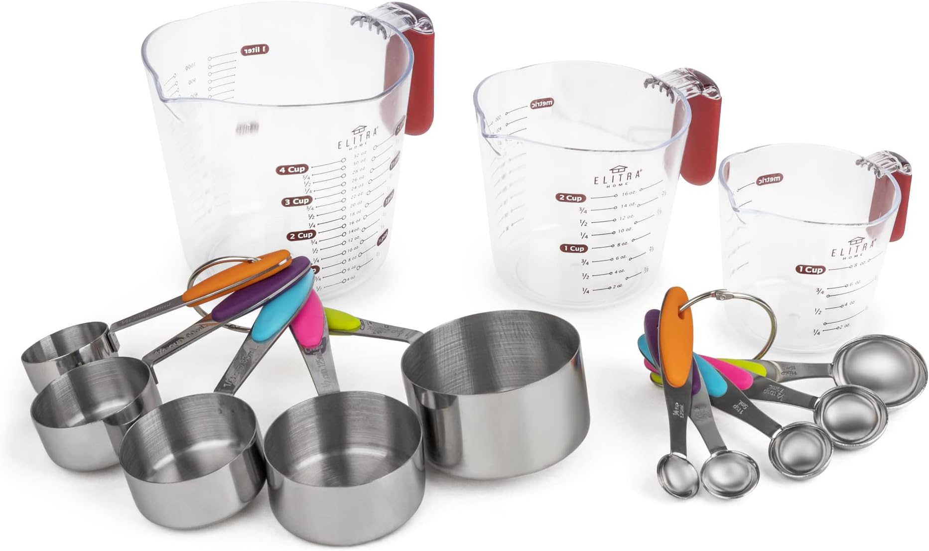 Measuring Cups and Spoons Set 13 Piece. Includes 10 Stainless Steel Measuring Spoons and 3 Plastic Measuring Cup