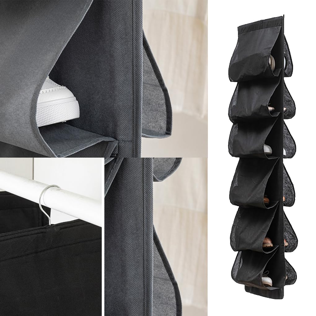 Juego de 5 zapateros para puerta con 12 bolsillos para zapatos deportivos, bolsa de almacenamiento transpirable, organizador de armario, color negro