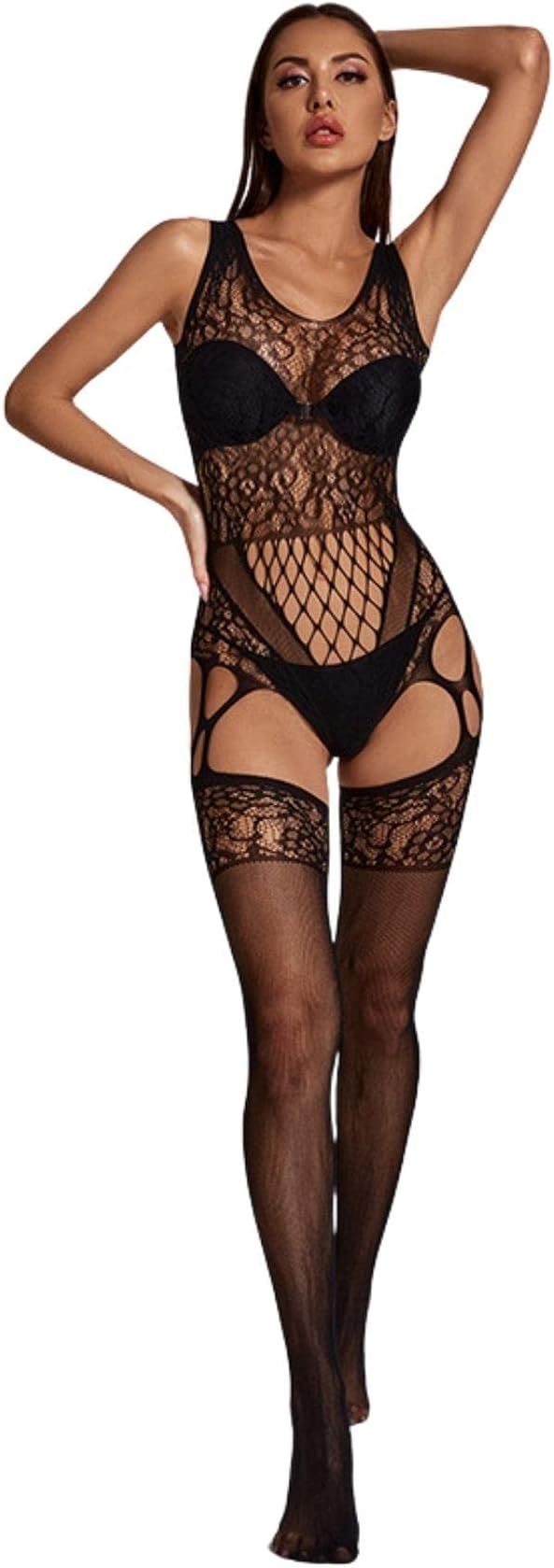 Women's Fishnet Chemise BobyStocking Babydoll Bodysuit Chemise Nightwear Perspective Lingerie Mini Dress One Size