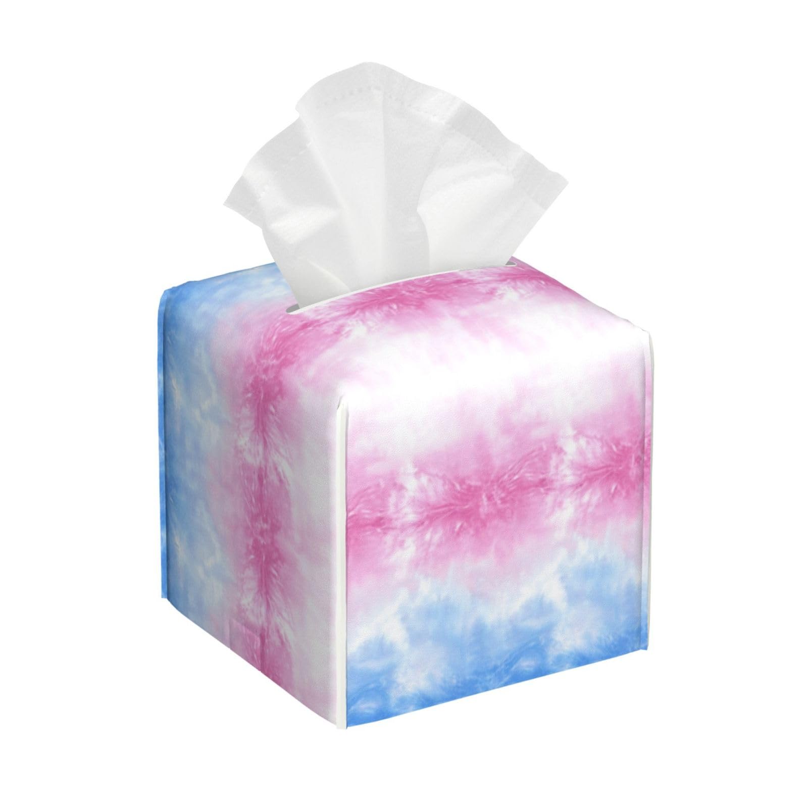 Gradient Blue Pink Tie Dye Linen Texture Tissue Box Cover Square Pu Leather Waterproof Tissue Box Holder for Car Bathroom Bedroom Office Tabletop Decor