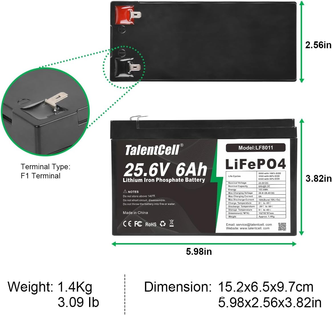 Talentcell 24V 6Ah LiFePO4 Battery Pack LF8011, 25.6V 153.6Wh Deep Cycle Rechargeable Lithium Iron Phosphate Batteries with Charger and Female Spade Terminal Wire, for Trolling Motor, RV, Camping - Image 3