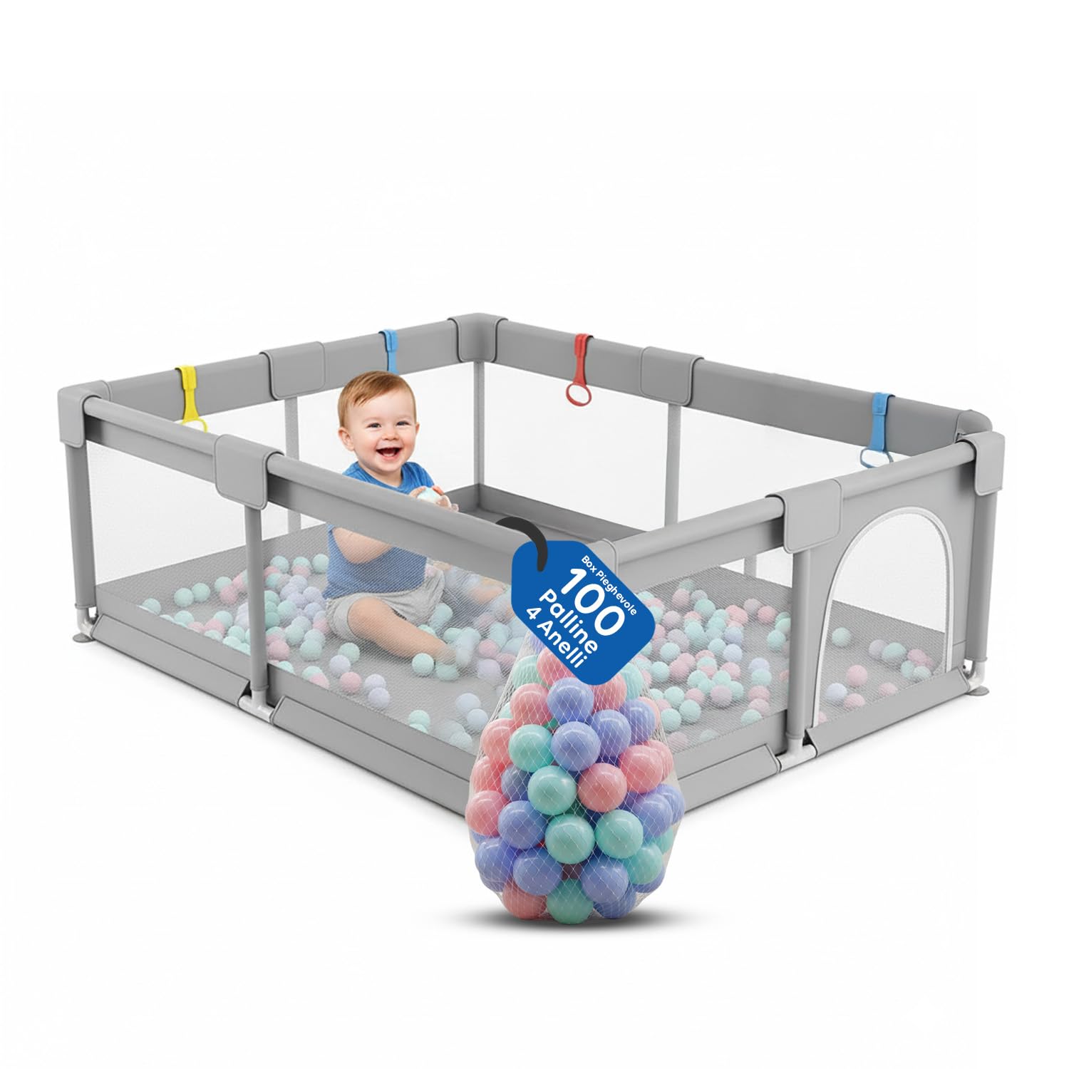 Avilia - Box Bambini Pieghevole per Interni ed Esterni con Area Gioco Sicura, Piscina con Palline Incluse, Struttura Stabile con Ventose e Anelli di Supporto per Uso Quotidiano
