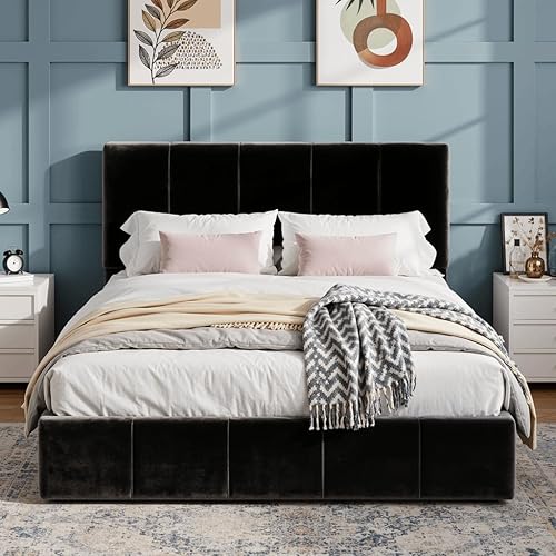 Miniatura 10 de SHA CERLIN - Base de cama tamaño Queen tapizada en terciopelo, base de cama con plataforma, cabecera ajustable con diseño acanalado vertical, base