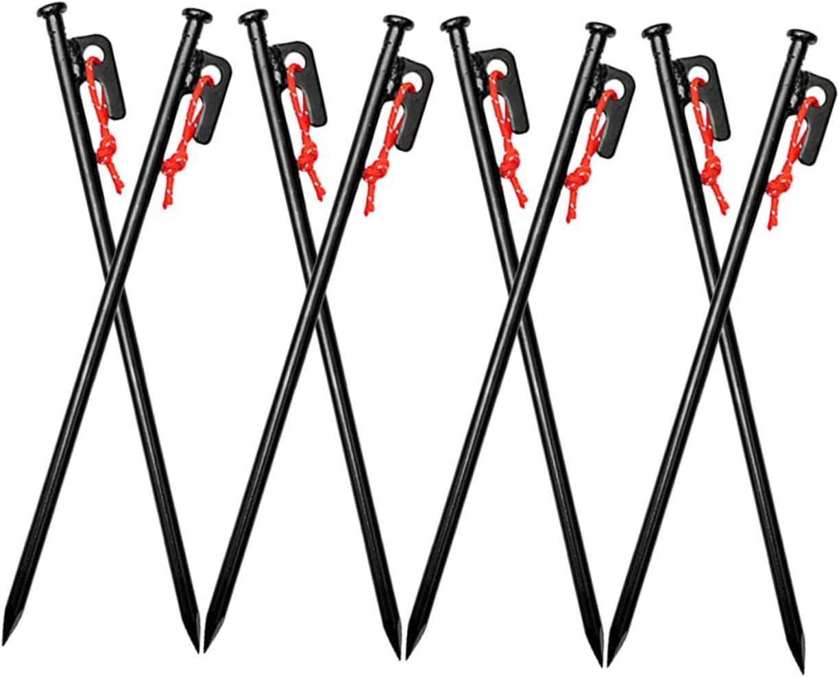 Heavy Duty Tent Stakes 30cm Metal Ground Stakes Set with 8 Black Straight Pegs and Storage Bag for Outdoor Camping Tent Anchors and Windproof Shelter Fixing