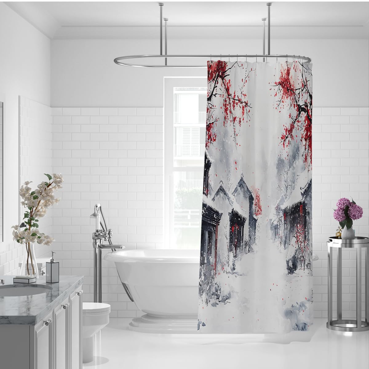 Chinesische Tusche Winter Schnee Duschvorhang W150xL200 cm