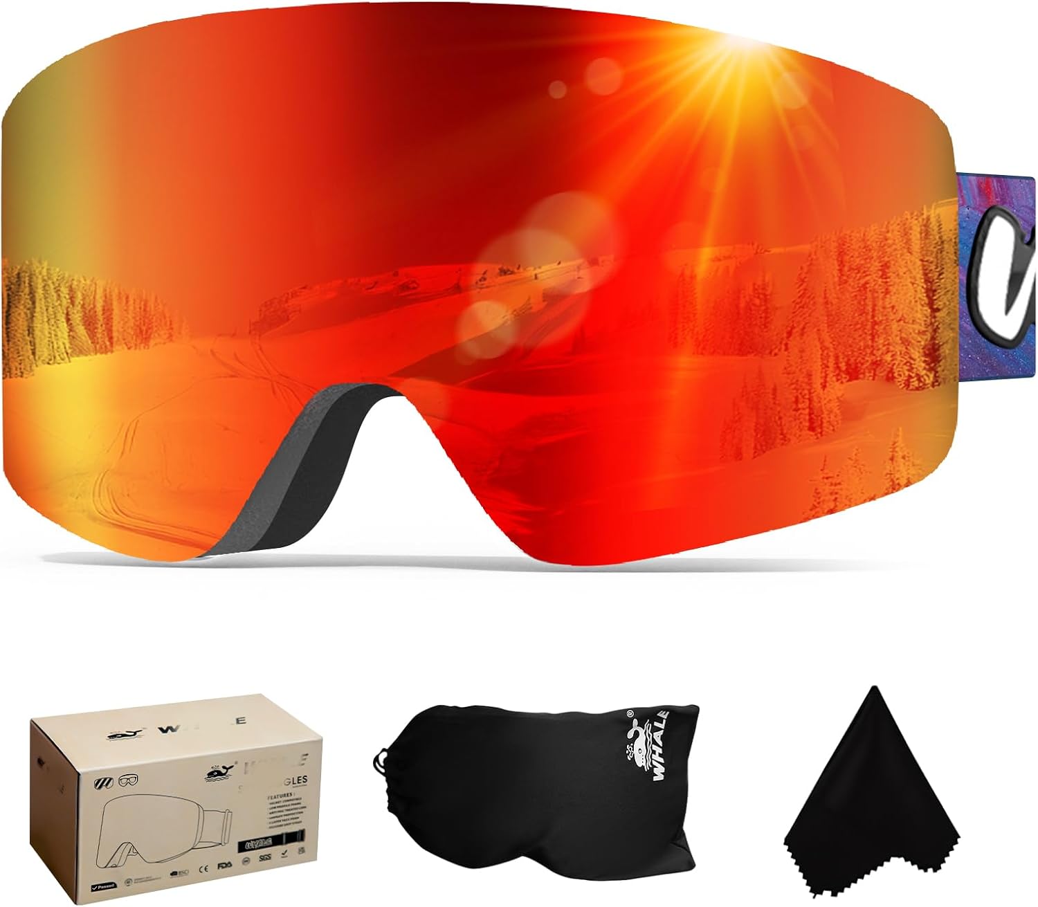 Whale Professional Ski Goggles Unisex Snow Goggles 100% UV400 Protection & Anti-Fog Replaceable Lenses Frameless Design