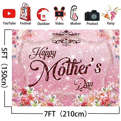 Image of 7X5FT Happy Mother's Day Backdrop /Background Happy Mother's Day Banner Decoration Pink Flowers Family Photo Booth Portrait Studio Props
