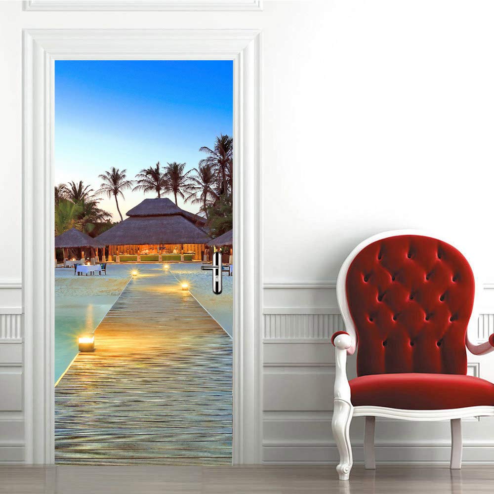 Papier peint porte 3D vue du pont en bois poster mural déco pour salon et salle de bain