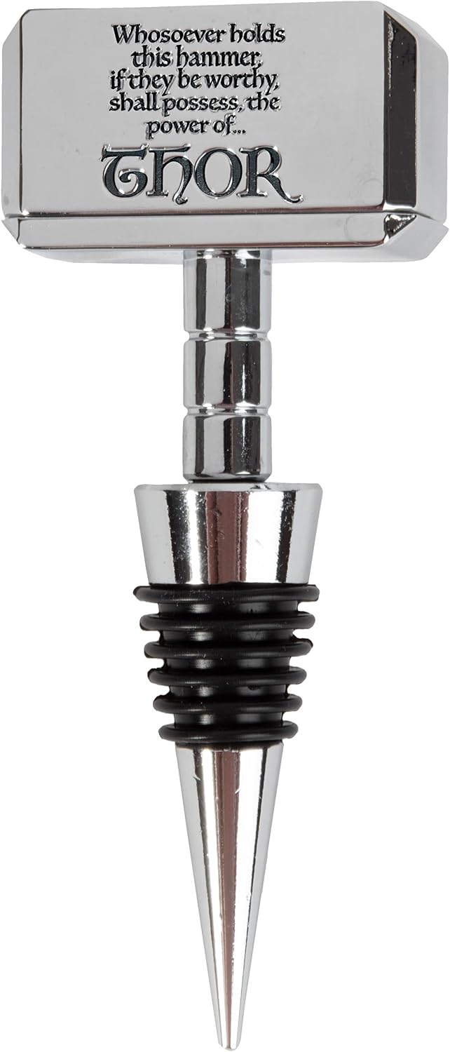 Marvel Thor Battle Hammer Wine Bottle Stopper w/Engraved Mjolnir - Fits Any Bottle - Officially Licensed Collectible Avengers Bar, Home, Kitchen Decor - Gift for Superhero Fans, Adults, Men, Women