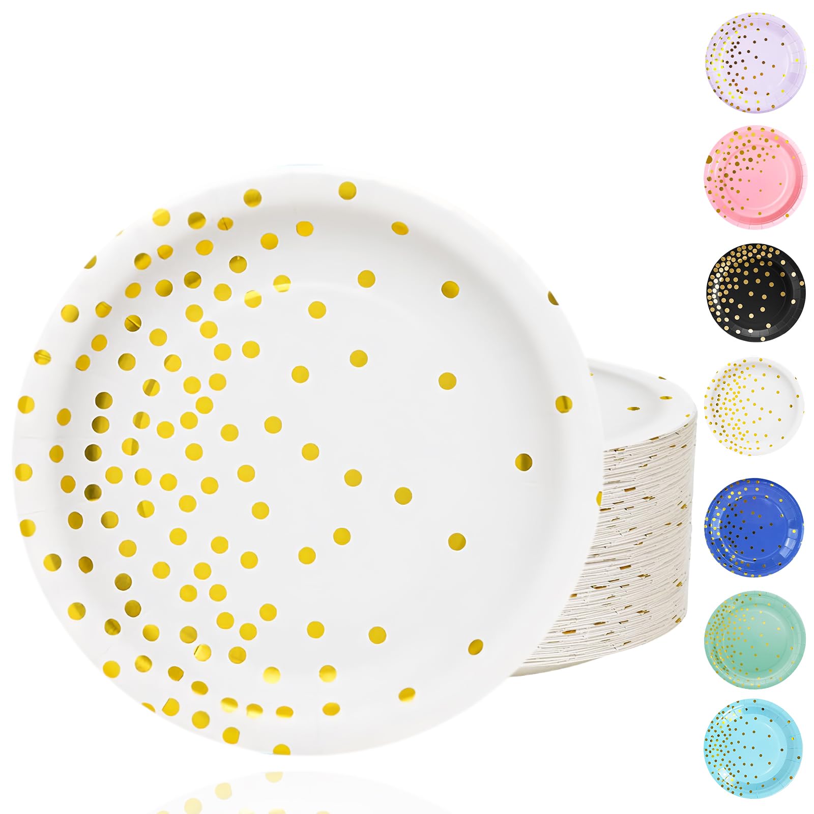 40P Disposable Paper Plate,White Gold Foil Polka Dots Party Plate Tableware