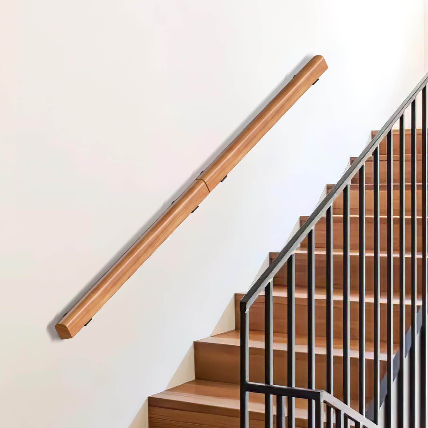 Main courante en bois de pin - 180 cm - Rampe murale pour escalier - Main courante en bois antidérapante - Rampe d'escalier - Avec supports muraux - Matériel de montage - Noyer clair