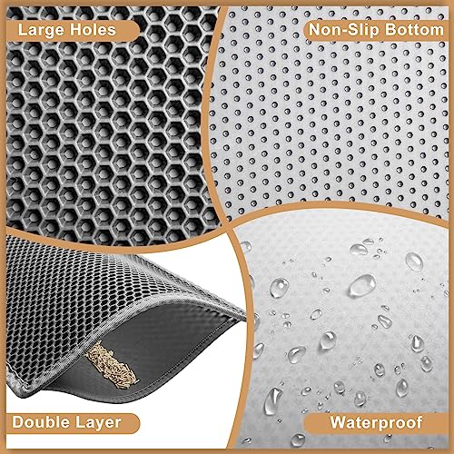 Garoopion Cat Litter Mat, Double Layer Litter Trapping Mat, Eva Waterproof Urine Proof Kitty Litter Mat, Honeycomb Holes Scatter Control, Litter Box Mat Soft On Kitty Paws-Size 24" X 15", Gray #TOP2