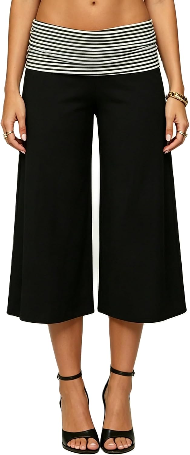 Yiulangde Womens Fold Over Gaucho Pants Culottes Low Rise Capris Foldover Flowy Going Out Flare Bottoms Wide Leg Capri Pants