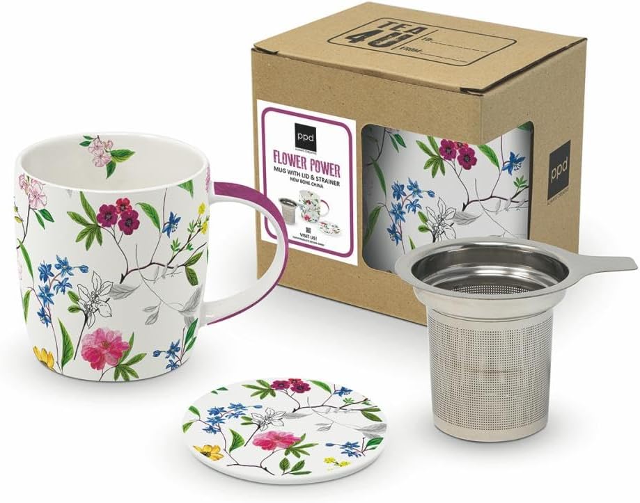 Paperproducts Design Flower Power Tea Mug with Lid & Strainer, 11.75-Ounce, New Bone China, Multicolor