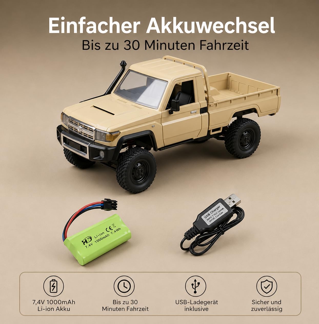 Toyota Land Cruiser | zdalnie sterowany samochód RC 1:12 | 4WD Crawler Pickup | sterowanie 2,4 GHz 100 m | światło LED | Li-Ion 7,4 V 500 mAh 30 min | kompletny zestaw RTR | bateria