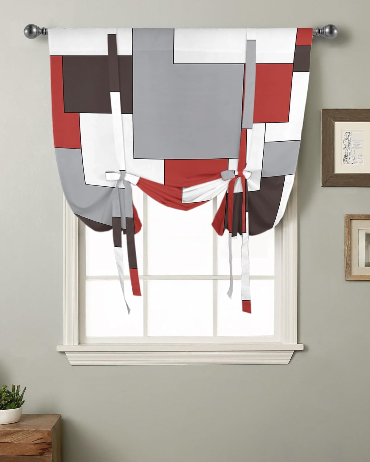 Tie Up Window Shade Curtain Abstract Green Brown Squares Kitchen Adjustable Balloon Curtains Shades Drape 52x63In for Living Room/Bedroom/Cafe Windows Minimalist