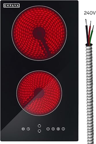 Empava Placa de cocina infrarroja de 2 quemadores, 3000 W, estufa eléctrica integrada para cocina de 208 ~ 240 V con cable duro, sin enchufe,
