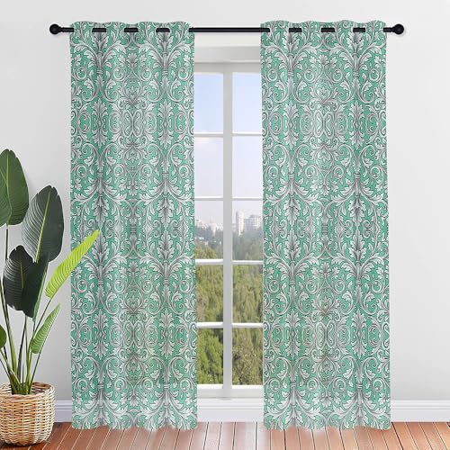 Odot Cortinas Ventanas Translucidas Blanco, Impresión Damasco Cortinas Salon 2 Piezas Ventana Ojales Visillo Dormitorio para Salón Habitacion Terraza Comedor Cocina (Verde oscuro1,80x115cm)
