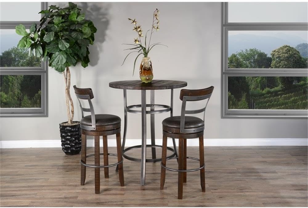 Pemberly Row 3-Piece Pub Dining Set, Solid Mahogany Wood and Powder-Coated Metal, 42 in Table Height, Contemporary Style, Compact for Small Kitchens, Dining Nooks, Breakfast Bars or Home Bar Areas
