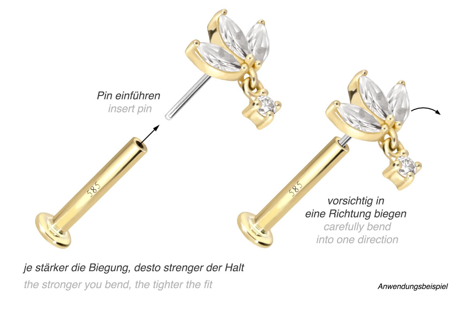 PIERCINGLINE 14 Karat Gold Labret Ohr-Piercing mit Push Fit MOISSANIT-LOTUSBLÜTE 0,16 kt. Farb & Größenauswahl