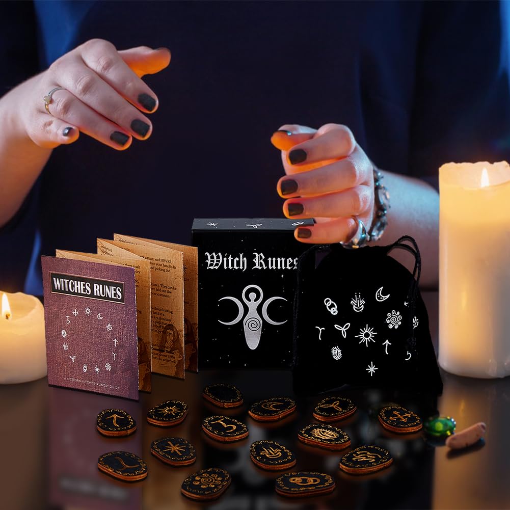 DICOSMETIC 1 set di rune in legno di grandi dimensioni con pietra runica vichinga, colore nero, rune fatte a mano, con custodia e manuale di istruzioni per principianti, divinazione e meditazione