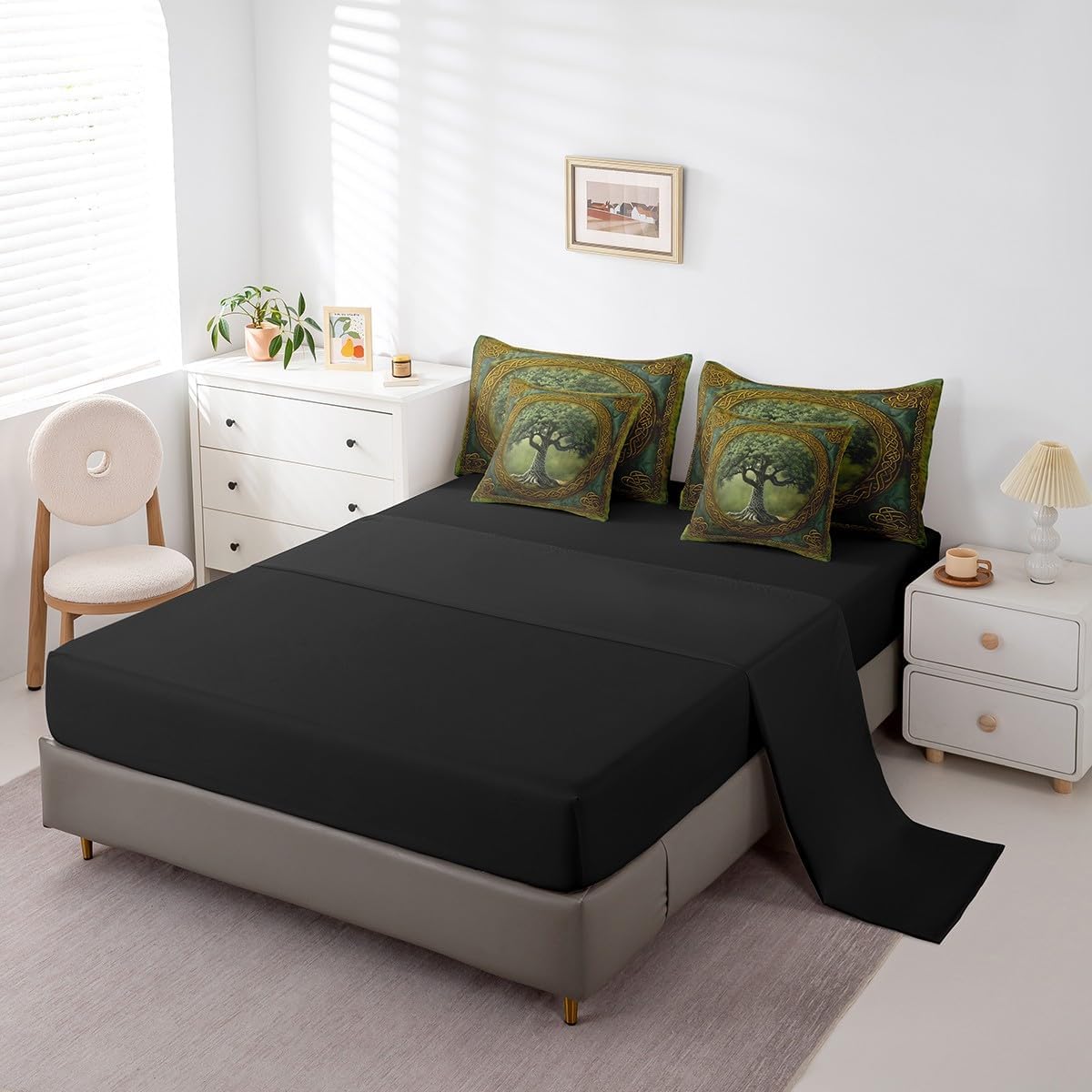 Manfei Tree of Life Comforter Set Full,Mystic Tree Boho Exotic Style Green Bedding Set,Tribal Golden Branches Geometric Circle Bed Set 7 Pieces(Comforter+Fitted+Flat Sheet+Pillowcase+Pillow Cover)