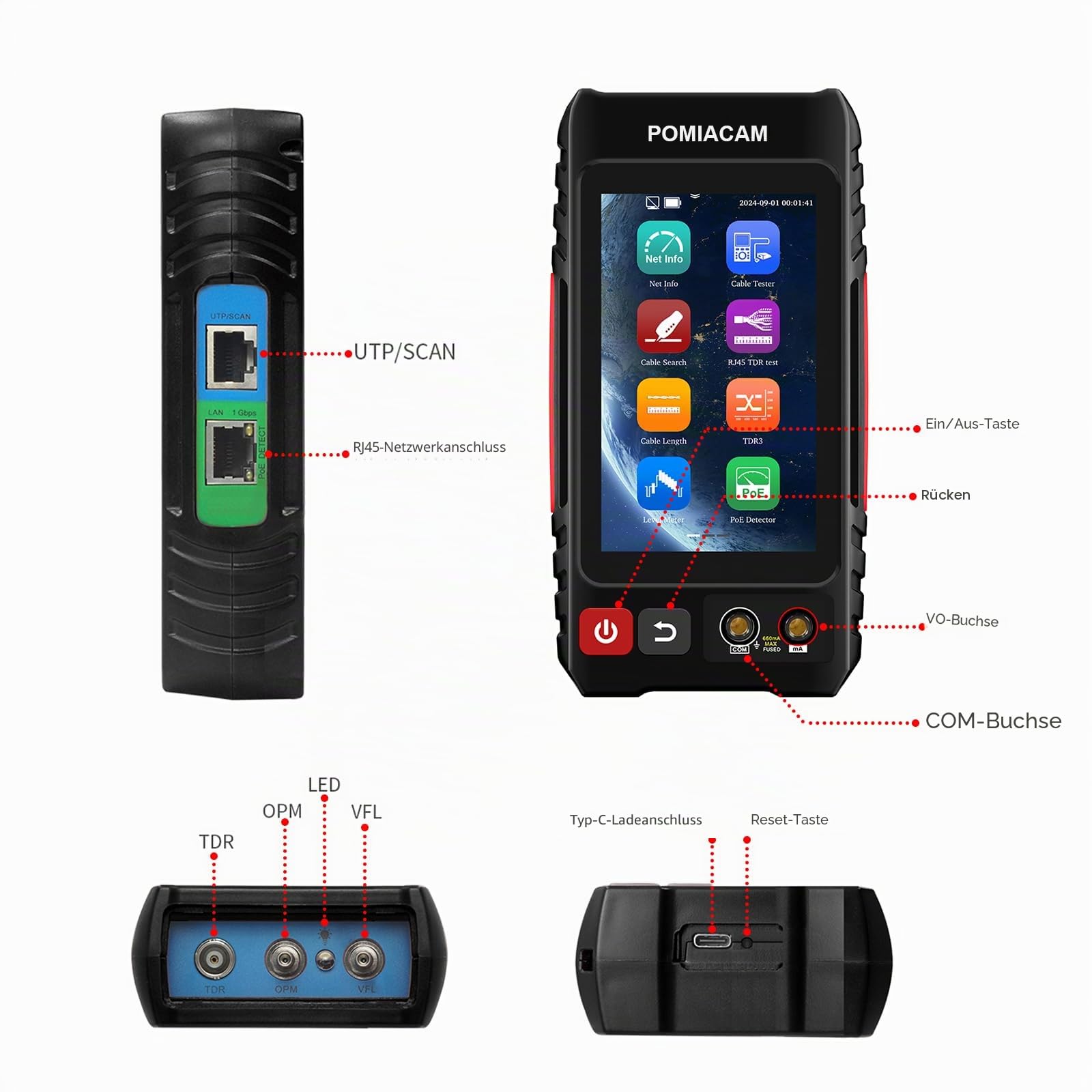 Netzwerkkabeltester, UTP-Kabeltester, Ethernet-Kabel-Tracker, 4-Zoll-IPS-Touchscreen, VFL OPM DMM TDR, Pegelmesser, PoE++-Erkennung, RJ45 TDR, Kabellängenmessung, Netzwerktools LT-600T