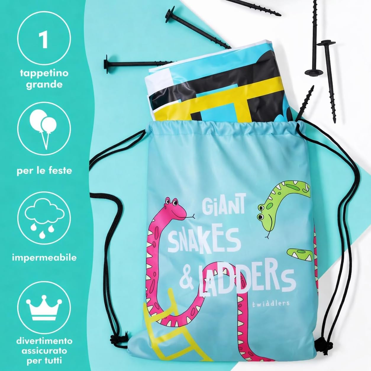 THE TWIDDLERS XXL Gioco Scale e Serpenti Gigante (3x3m) - Tappeto da Giardino Impermeabile con Dado Gonfiabile e Custodia per Bambini e Adulti - Gioco all'Aperto per Feste, Scuole ed Eventi