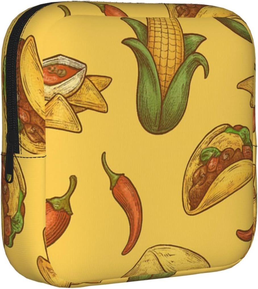 Mexican Taco Avocado Pattern Portable Period Pad Pouch for Women, Sanitary Napkin Storage Bag with Zipper for Outdoor Use