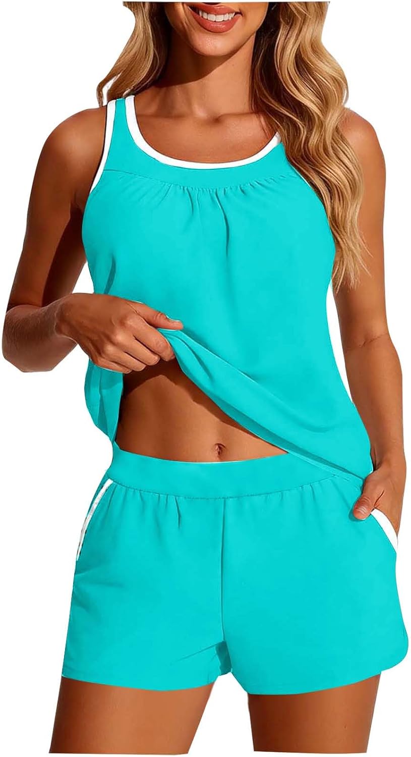 Women's Modest Tankini Swimsuits 2026 Two Piece Blouson Bathing Suits Loose Fit Swim Tank Top and Boyshorts with Pockets