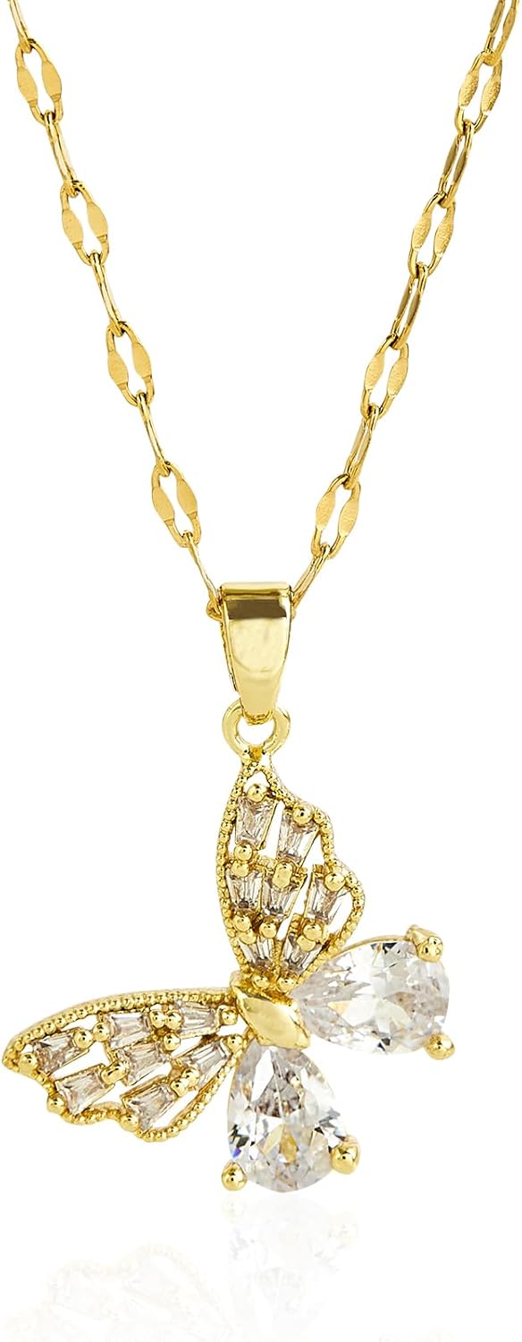 Gold Butterfly Necklace for Women - Dainty Gold Pendant Necklaces Cubic Zirconia Necklace, Butterfly Jewelry Gifts for Women, Teen Girls