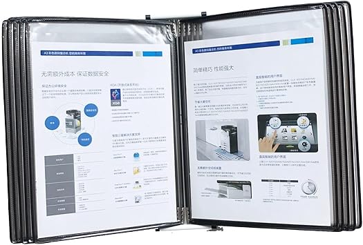 Wall Mounted Folder Storage,Wall Mount Reference and Display System, 10 Double-Sided Panels Wall-Mounted Page Flip Folder, A4 Loose-Leaf Transparent Page Display Stand PVC + MetalBlack
