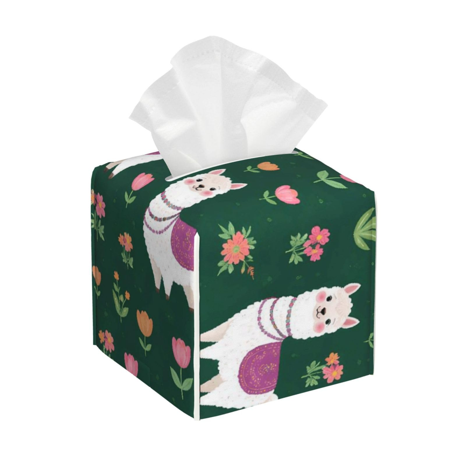 Alpaca Botanical Boho Bohemia Llama Leather Tissue Box Cover Holder Square Facial Paper Organizer 5.2" X 5.2" X 5.2"